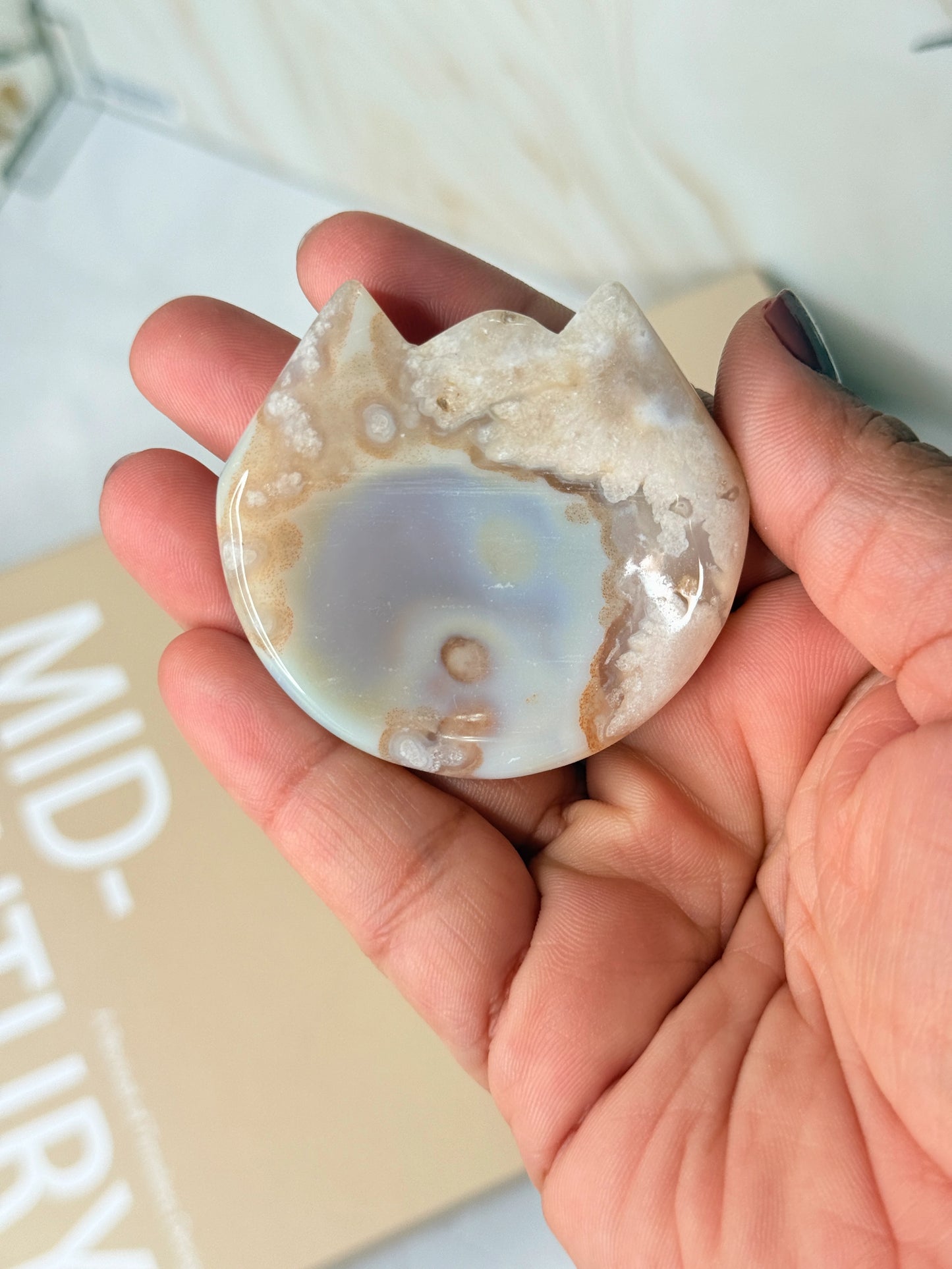 Flower Agate Crystal Cat Dish | Jewelry & Trinket Holder | Heart-Centred Healing Stone