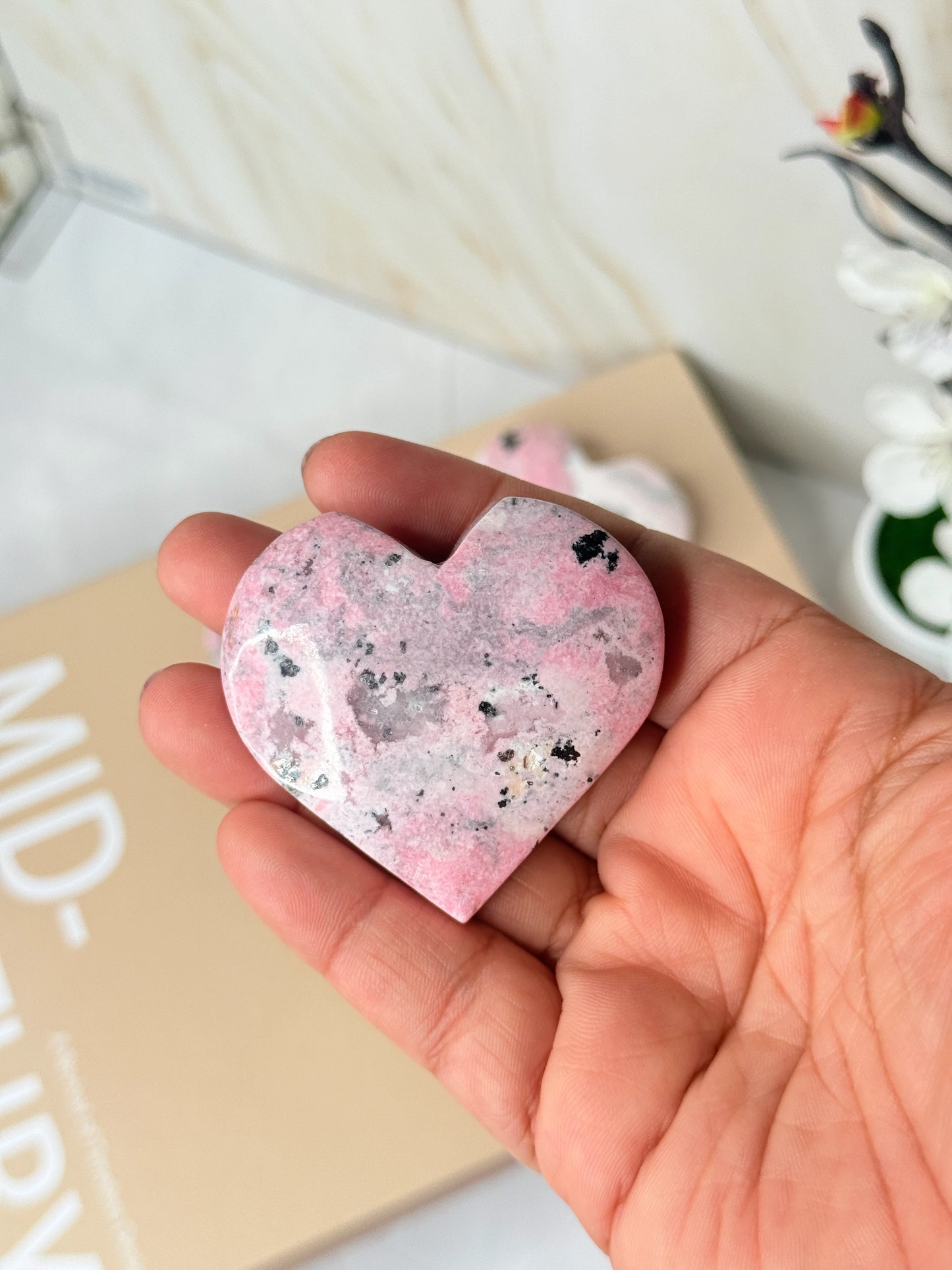Rhodonite Crystal Heart Palm | Stone of Compassion & Emotional Healing