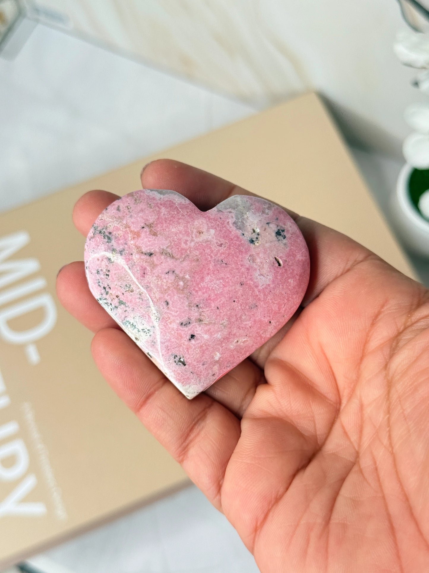 Rhodonite Crystal Heart Palm | Stone of Compassion & Emotional Healing