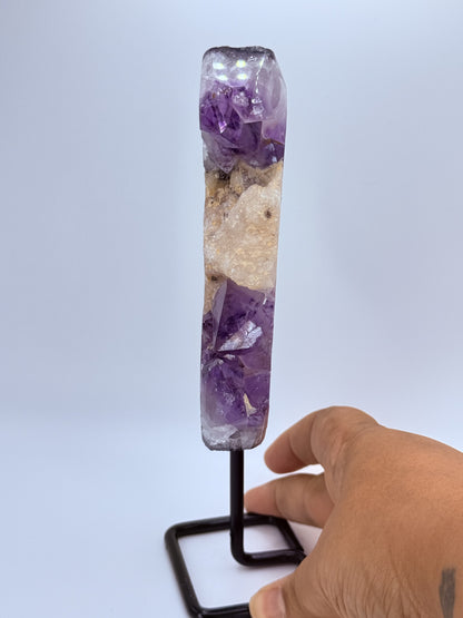 Moon Amethyst Cluster with Calcite on Stand – Raw Brazilian Amethyst & Calcite Crystal for Intuition, Peace & Protection | Handpicked Moon-Shaped Cluster Display