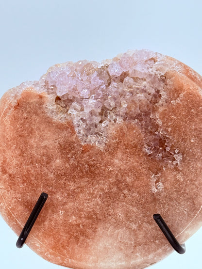 Pink Amethyst Disc on Stand – Round Druzy Crystal Display for Love, Calm & Harmony | Handpicked Natural Pink Amethyst with Sparkling Druzy Pocket
